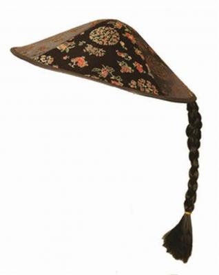 O23315 schwarz mit Zopf Kinder Damen Herren China Hut Chinesenhut