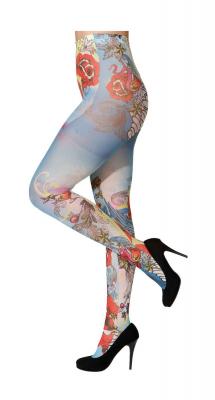 O41031-blau-bunt Damen Wilde Rose Hippie Strumpfhose - 1