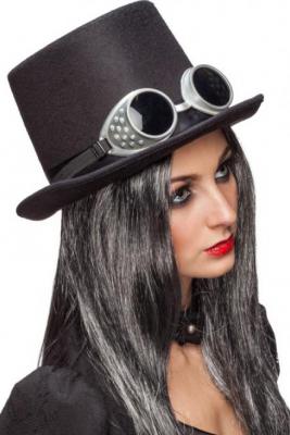 O23647 schwarz Damen Herren Steampunkhut Steampunkzylinder mit Brille