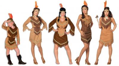 L3200830 Damen langarm Indianerin Indianer-Kleid beige - 1