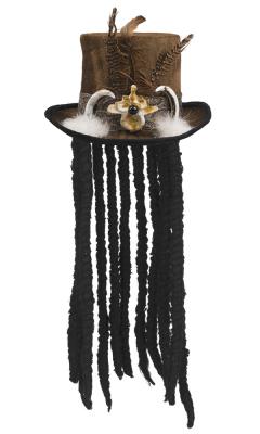 B72183 schwarz Damen Herren Voodoo Hut Steampunk Zylinder mit Knochen und Haare - 1
