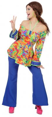 L3203030 blau-bunt Damen Hippie Kostüm Fantasy Oberteil und Hose