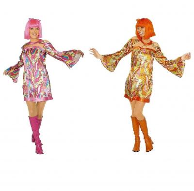 K31250234 orange bunt Damen Hippykleid Discokostüm - 1