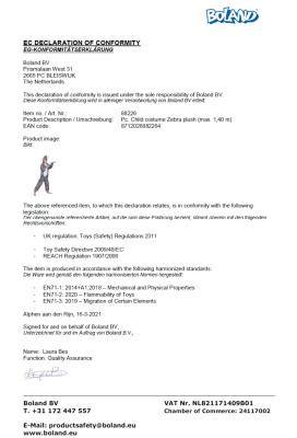 B88052-140 Kinder Mädchen Junge Zebra Overall-Kostüm bis max.140 cm Körpergröße - 2