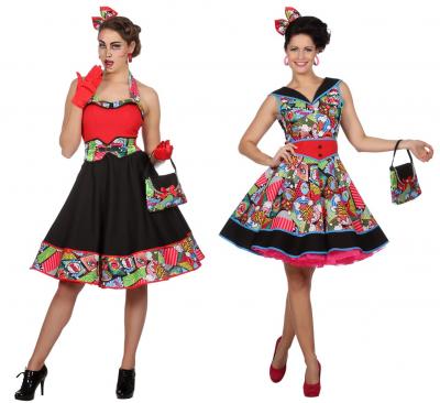 W4354 bunt Damen Disco-Party Kleid Pop-Art - 3