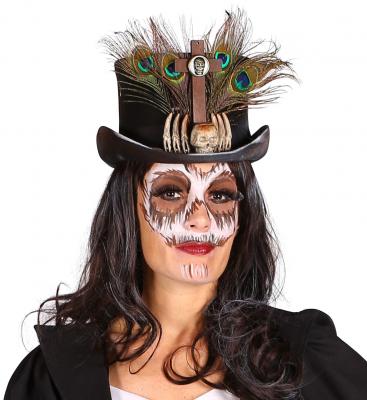 T2434 schwarz Damen Herren Voodoo Hut-Zylinder mit Knochen und Federn - 2