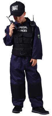 T2113-128 blau-schwarz Kinder Junge SWAT Overall mit Weste,Kappe und Funkgerät Gr.128 - 1