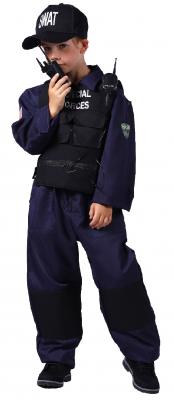 T2113 blau-schwarz Kinder Junge SWAT Overall mit Weste,Kappe und Funkgerät - 0