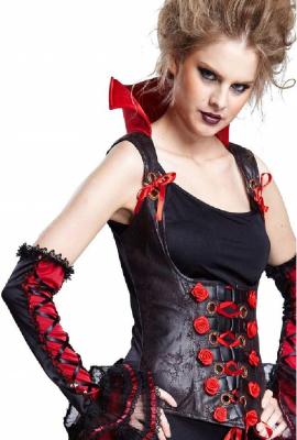 K35230801-36-40 schwarz-rot Damen Corsage mit Stehkragen und Rosen