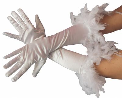 B030122 weiß Damen Satin Handschuhe lang mit Federrand