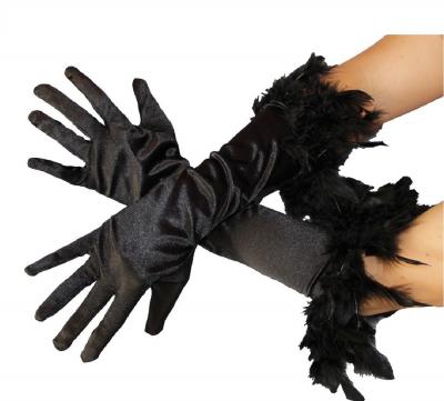 B030122 schwarz Damen Satin Handschuhe lang mit Federrand