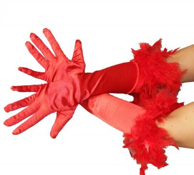 B030122 rot Damen Satin Handschuhe lang mit Federrand