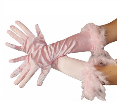 B030122 rosa Damen Satin Handschuhe lang mit Federrand
