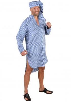 M219244-101 weiß-blau kariert Herren Nachthemd Schlafmütze Schlafwandler Kostüm - 0