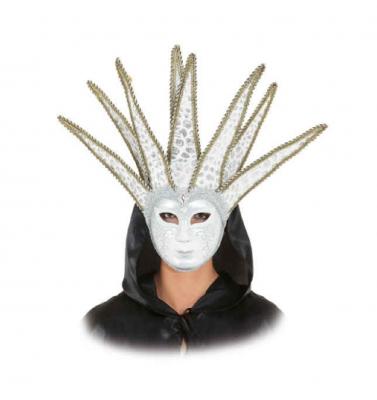 O46050 weiß-gold Damen Herren Venezianische-Barock-Rokoko Maske Halbmaske mit Glöckchen