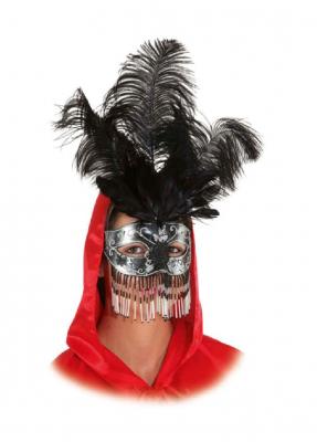 O46060 schwarz-silber Federn schwarz Perlenbehang Damen Herren Venezianische-Barock-Rokoko Maske Halbmaske