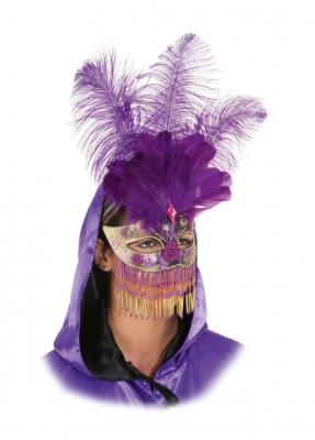 O46061 lila-gold Federn lila Perlenbehang Damen Herren Venezianische-Barock-Rokoko Maske Halbmaske