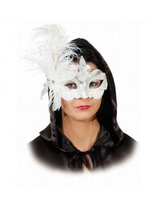 O46069 weiß-silber Federn weiß Damen Herren Venezianische-Barock-Rokoko Maske Halbmaske