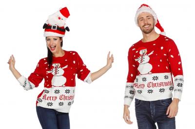 W7820 rot Damen Herren Weihnachtspulli Schneemann