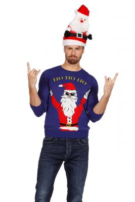 W7818-L blau Damen Herren Weihnachtspulli Rocking Santa Gr.L - 2