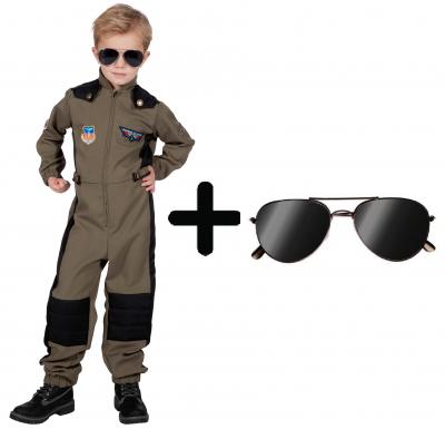 W3902+B02531 grün-schwarz Kinder Junge Kampfpilot Fliegerkombi Overall mit Brille - 0