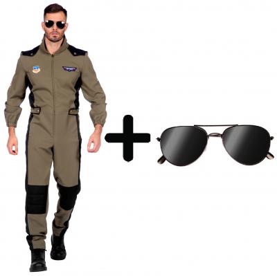 W5902+B02531 grün-schwarz Herren Kampfpilot Fliegerkombi Overall mit Brille - 0