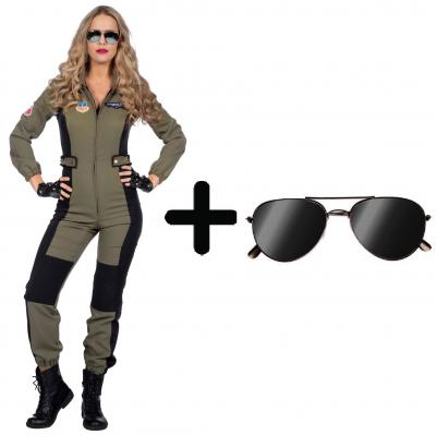 W4902+B02531 grün-schwarz Damen Kampfpilot Fliegerkombi Overall mit Brille - 0