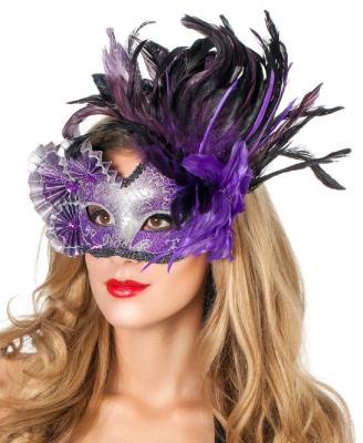 W34376-12 lila Damen Herren Venizianische Maske De Luxe mit Fäscher-Feder