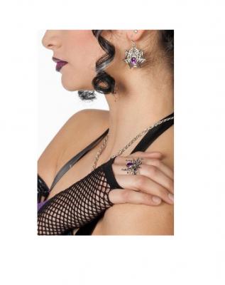 W33015-12 silberfarbend-lila Damen Set Spinnen Ohrringe und  Ring