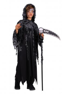 T3056-98-104 schwarz Kinder Junge Sensenmann Fetzenumhang mit Kapuze und Sense 