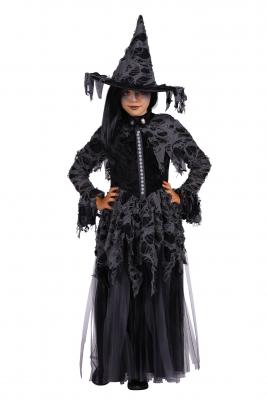 T3055-140-152 schwarz Kinder Mädchen Hexen Kostüm mit Hut 