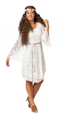 O9948 creme Damen Hippie Spitzenkleid 3tlg.Kleid Haarband Gürtel - 0