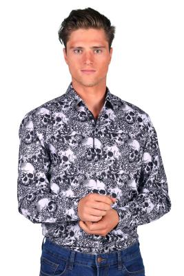 T3895-BLWH schwarz-weiß Mexican Skull Herren Hemd-Bluse Tag der Toten Herrenhemd mit Totenköpfe - 0