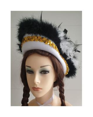 N27-55-56 weißer Funkenhut mit goldborte Marabu-schwarz Federboa weiß-schwarz mix Gr.55-56 - 1