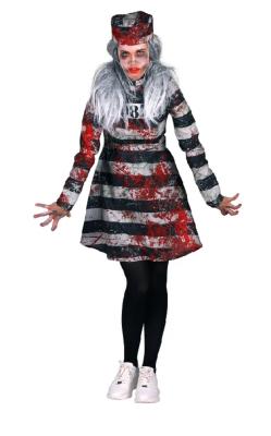 T3569 schwarz-weiß Damen blutiger Gefangener Kostüm Kleid und Mütze 2tlg. - 0