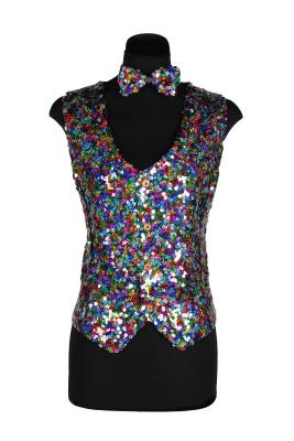 T3983-9900-M bunt Multicolor Damen Pailletten Weste mit Schleife 2 tlg. Gr.M=40 - 1