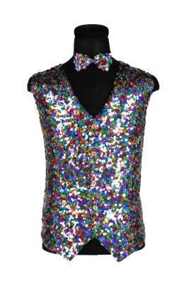 T3984-9900-XXL bunt Multicolor Herren Pailletten Weste mit Schleife 2 tlg. Gr.XXL=60 - 1