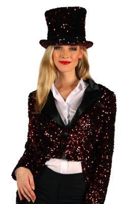 T4196-0501-57-58 rot-schwarz Luxuriöser Pailletten Zylinder innen mit Hutgummi Gr.57-58 - 1