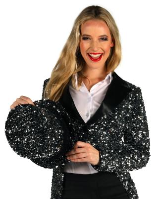 T4196-1701 silber-schwarz Luxuriöser Pailletten Zylinder innen mit Hutgummi - 1