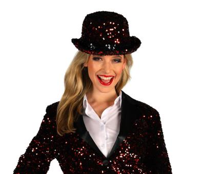 T4197-0501-57-58 rot-schwarz Luxuriöser Pailletten Melone innen mit Hutgummi Gr.57-58 - 1