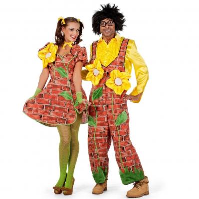 W4546 braun-gelb Damen Sonnenblumen Kleid Mauerblümchen Kostüm - 1