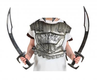 O49039 Kinder 3 tlg.Gladiatoren-Set silber Rüstung 2 Schwerter