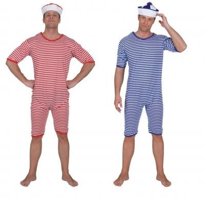 O818 blau-weiß gestreift Herren Bade Anzug Ringel Kostüm - 1