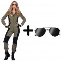 W4902+B02531 grün-schwarz Damen Kampfpilot Fliegerkombi Overall mit Brille