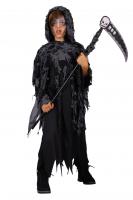 T3056 schwarz Kinder Junge Sensenmann Fetzenumhang mit Kapuze und Sense 